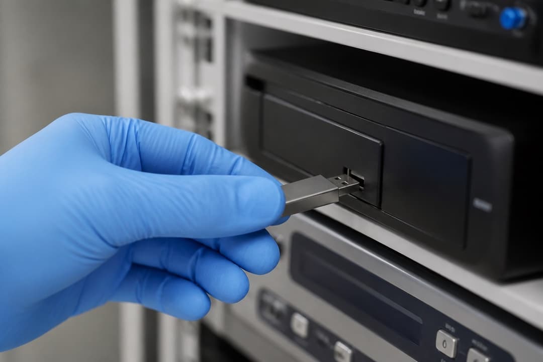 Рука в перчатке вставляет USB-накопитель в медицинский видеорекордер в стойке